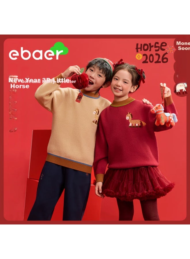 Ebaer Children's Sweater Winter Red Year Of The Horse New Year Outfit Boys Girls Thickened Knit Top China Red 120 - Image 1