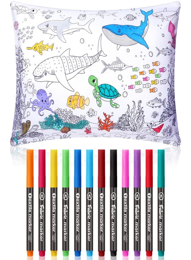Mindsoft Coloring Craft Coloring Pillowcase Ocean Pillowcase with 12 Pcs Markers Pens for Decoration Supplies Craft, 28.7 x 19.7 Inch - Image 1
