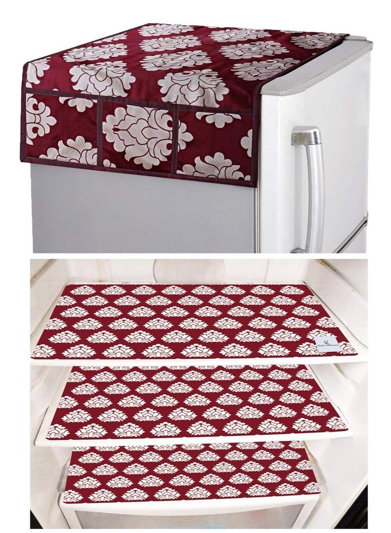 Kuber Industries Flower Design 3 Pieces PVC Fridge Mats And 1 Piece Fridge Top Cover (Maroon), 94 x 54 x 1 cm - Image 1