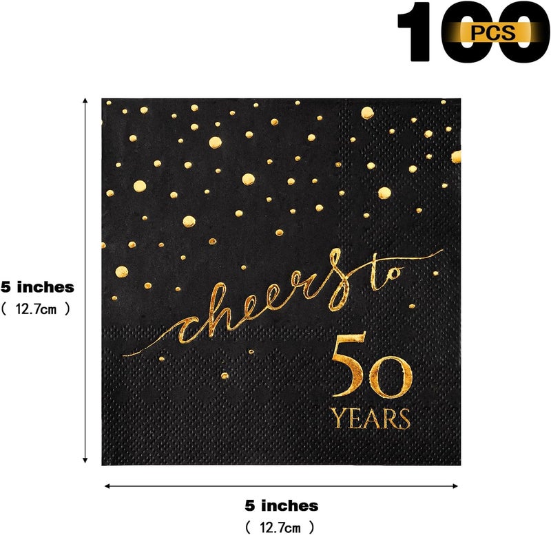 homix 100 Pack of 50th Birthday Napkins, Cheers to 50 Cocktail 5x5 Inches Party Paper Napkins for Birthday Decorations Wedding Anniversary Black and Gold, 3-Ply - Image 2