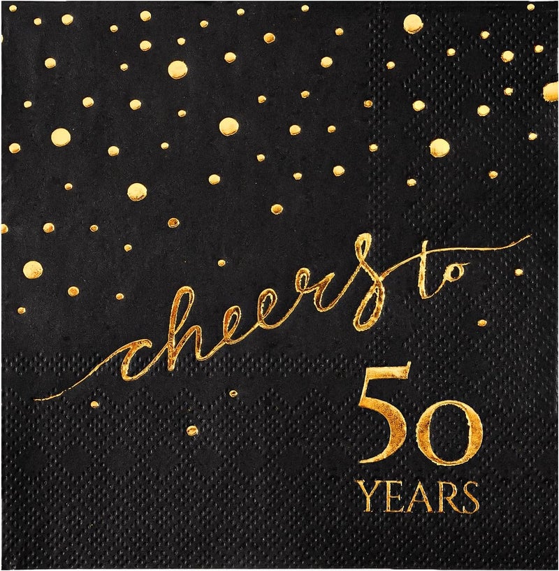 homix 100 Pack of 50th Birthday Napkins, Cheers to 50 Cocktail 5x5 Inches Party Paper Napkins for Birthday Decorations Wedding Anniversary Black and Gold, 3-Ply - Image 1