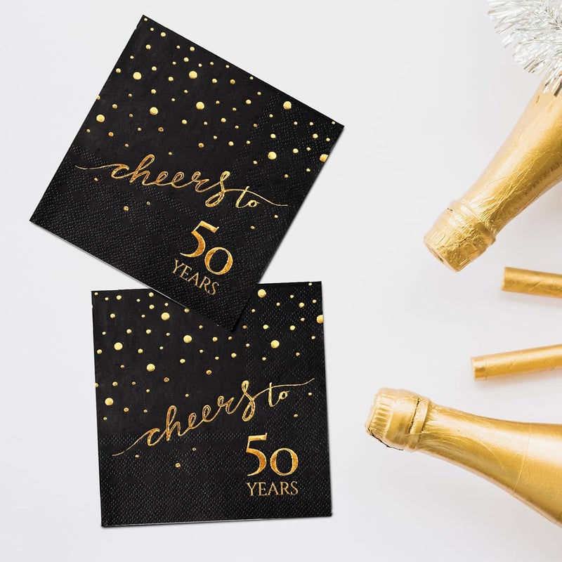homix 100 Pack of 50th Birthday Napkins, Cheers to 50 Cocktail 5x5 Inches Party Paper Napkins for Birthday Decorations Wedding Anniversary Black and Gold, 3-Ply - Image 3
