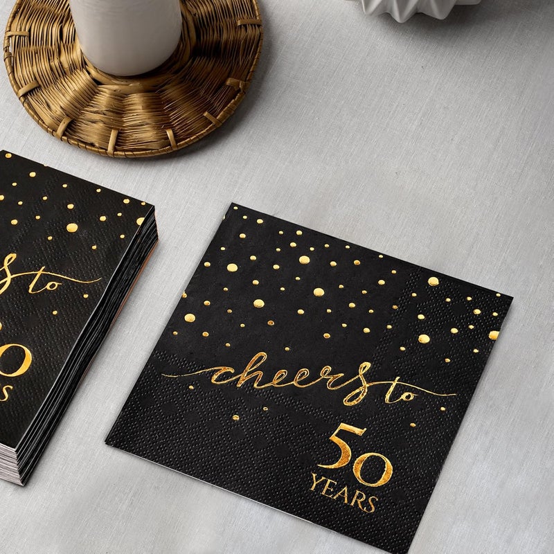 homix 100 Pack of 50th Birthday Napkins, Cheers to 50 Cocktail 5x5 Inches Party Paper Napkins for Birthday Decorations Wedding Anniversary Black and Gold, 3-Ply - Image 4