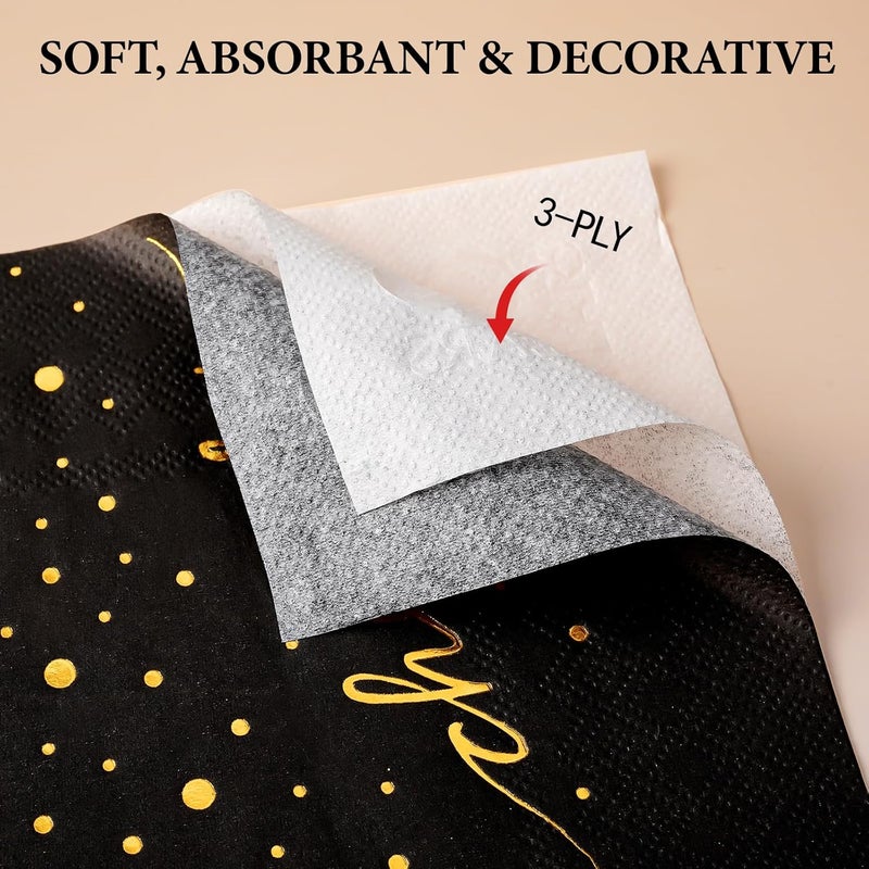 homix 100 Pack of 50th Birthday Napkins, Cheers to 50 Cocktail 5x5 Inches Party Paper Napkins for Birthday Decorations Wedding Anniversary Black and Gold, 3-Ply - Image 5