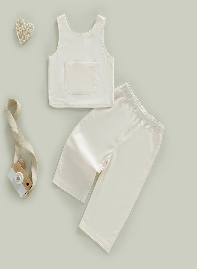 Douhoow Toddler Baby Girl Outfits Sleeveless Round Neck Baby Tank Tops Pants Boys Girls Summer Clothes (Beige, 18-24 Months) - Image 3