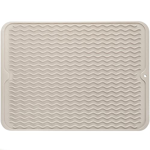 MicoYang Silicone Dish Drying Mat for Multiple Usage,Easy clean,Eco-friendly,Heat-resistant Silicone Mat for Kitchen Counter or Sink,Refrigerator or drawer liner Tapioca L 16 inches x 12 inches - Image 1