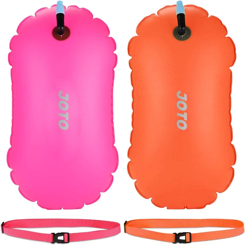 JOTO 2 Pack Swim Buoy Float for Open Water, Swimming Belt Bubble Safety Float with Adjustable Waist, Snorkeling, Swim Training, Triathletes, Kayaking -Orange & Magenta - Image 1