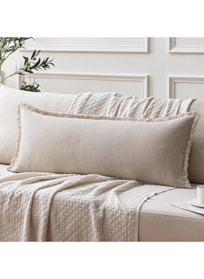 ANRODUO Set of 1 Decorative Throw Pillow Covers 14×36 Inch Soft Linen Fringe Long Farmhouse Boho Vintage Cushion Covers with Tassels Lumbar Pillowcase for Bed Couch Sofa Living Room Natural Beige - Image 1