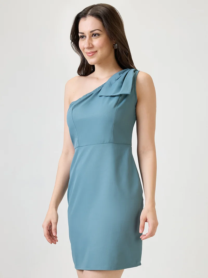 globus Globus Women Blue One Shoulder Bow Detail Sheath Mini Party Dress