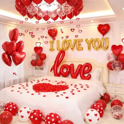 DECGOL 1060PCS Valentines Day Balloons Kit with 1000 Pcs Silk Rose Petals I Love You Balloons 50Pcs Heart Hanging and Heart Print Balloon Set for Valentines Day Wedding Party Decorations Supplies - Image 1