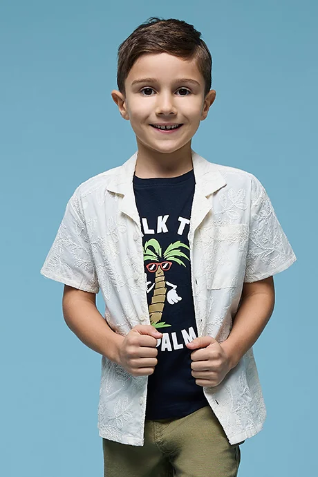 R&B Embroidered Shirt with Revere Collar and Short Sleeves