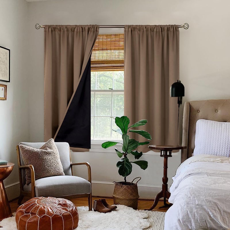 BGment Thermal Insulated 100% Blackout Curtains for Bedroom with Black Liner  Double Layer Full Room Darkening Noise Reducing Rod Pocket Curtain (52 x 45 Inch  Taupe  2 Panels) - Image 2