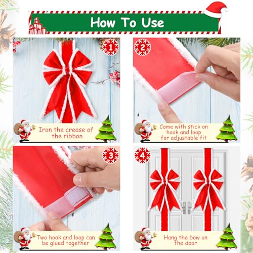 Ysleen 12 Pcs Christmas Cabinet Ribbon Bows and 6 Pcs Christmas Pine Wreath with Snowman Santa Claus Festive Large Xmas Bows Artificial Front Door Wreath for PartyRed White - Image 3