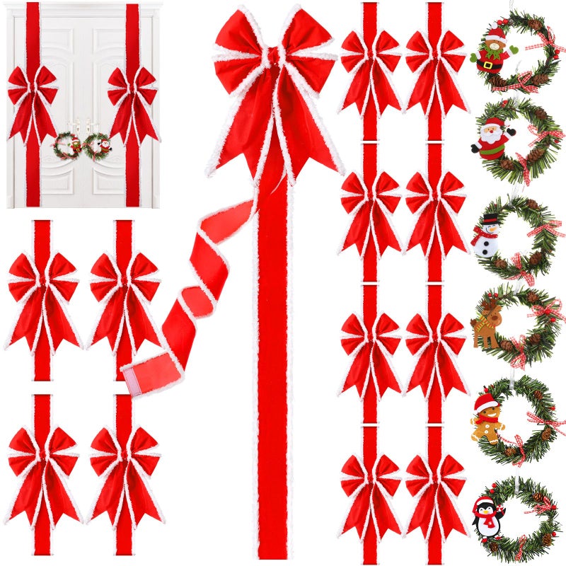Ysleen 12 Pcs Christmas Cabinet Ribbon Bows and 6 Pcs Christmas Pine Wreath with Snowman Santa Claus Festive Large Xmas Bows Artificial Front Door Wreath for PartyRed White - Image 2