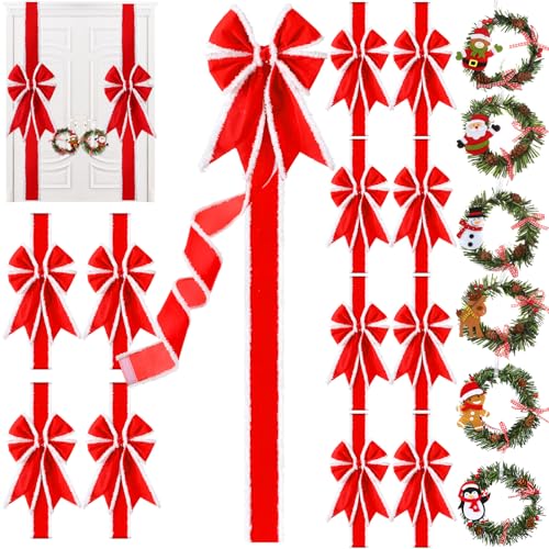 Ysleen 12 Pcs Christmas Cabinet Ribbon Bows and 6 Pcs Christmas Pine Wreath with Snowman Santa Claus Festive Large Xmas Bows Artificial Front Door Wreath for PartyRed White - Image 1