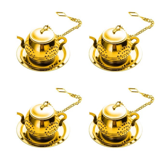 LOOSE LEAF TEA INFUSER BALL SET OF 4 STAINLESS STEEL TEA STRAINER WITH CHAIN AND DRIP TRAYS TEA FILTER FOR MUG AND CUP GOLD