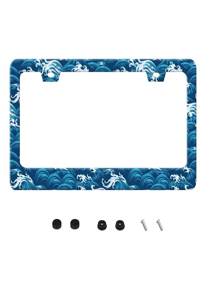 UNINDREM Ocean Waves License Plate Frame Funny Beach Sea Wave Stainless Steel License Plate Frames Rust-Proof Auto Parts Decoration with Screws License Plate Holder for Men Women Youth 12x6 Inch - Image 1