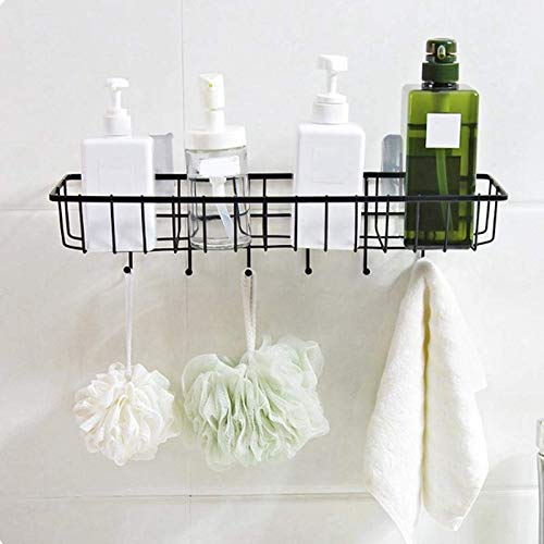 Dayish Stainless Steel Bathroom Shelf/Kitchen Shelf/Bathroom Shelf and Rack/Bathroom Accessories with 6 Hooks - Black - Image 1