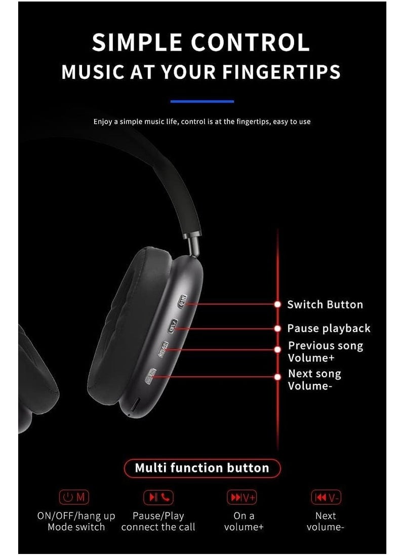 P9 - Ultra wireless headphones with microphone- rechargeable over ear wireless bluetooth headphones with 10hr playtime, sd slot, backup wire- soft cushion headset with mic (black) - Image 1