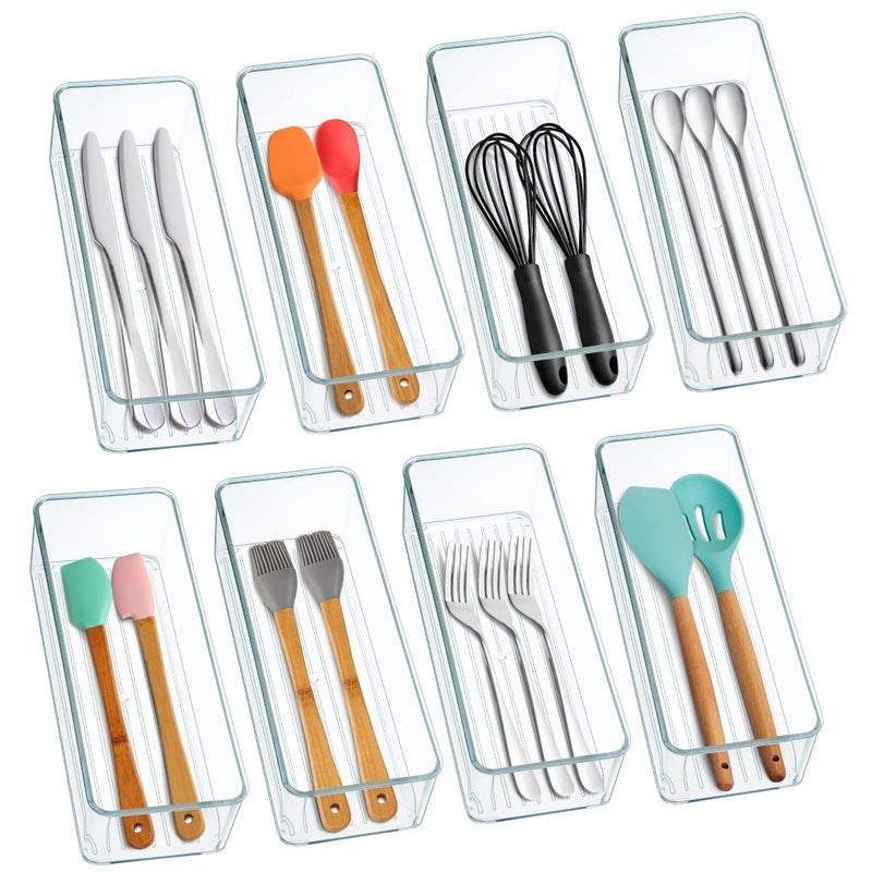 Hudgan 8 Pack Clear Plastic Drawer Organizer Bins Set, Stackable Cutlery Storage Bins Trays for Organizing Kitchen, Bathroom, Office, Crafts, Gadgets, Cabinet Supplies - Image 1