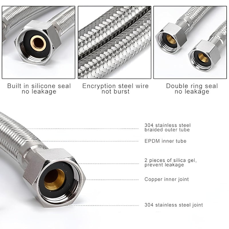 NEW WARE أنبوب اتصال من الفولاذ المقاوم للصدأ-304 الثقيل مناسب للسخان-حوض الغسيل|خلاط مياه ساخنة وباردة|حوض المطبخ|الصنابير|خزانات الطرد مجموعة من 2 مع 2 قطعة من صنبور تفلون (24 بوصة - 2 قدم) - Image 3