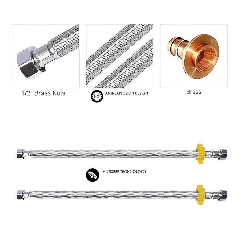 NEW WARE أنبوب اتصال من الفولاذ المقاوم للصدأ-304 الثقيل مناسب للسخان-حوض الغسيل|خلاط مياه ساخنة وباردة|حوض المطبخ|الصنابير|خزانات الطرد مجموعة من 2 مع 2 قطعة من صنبور تفلون (24 بوصة - 2 قدم) - Image 4