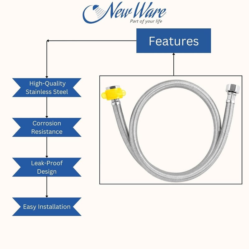 NEW WARE أنبوب اتصال من الفولاذ المقاوم للصدأ-304 الثقيل مناسب للسخان-حوض الغسيل|خلاط مياه ساخنة وباردة|حوض المطبخ|الصنابير|خزانات الطرد مجموعة من 2 مع 2 قطعة من صنبور تفلون (24 بوصة - 2 قدم) - Image 5