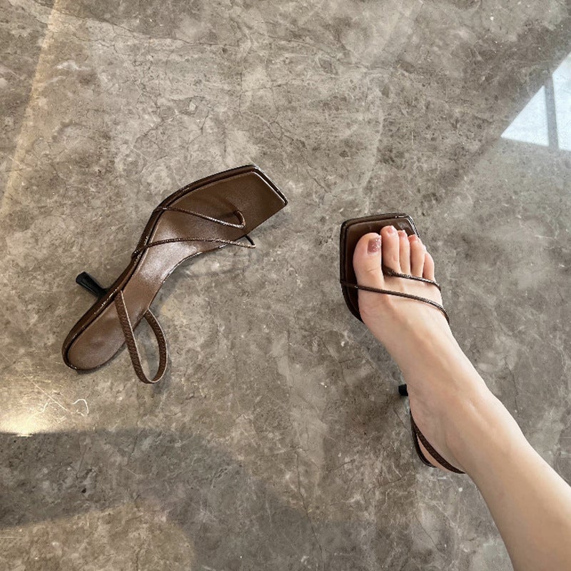 Grape Mom Studiolee French Style Thin Strap Square Head Design High Heels Pinch Toe Elegant Kitten Heel Sandals - Image 2