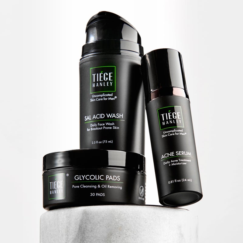 Tiege Hanley Acne Treatment Skin Care Set for Men, System Level 1, Tiegeclear Advanced Routine With Salicylic Acid Wash, Glycolic Acid Pads, and Serum, All Skin Types, Menâ€™s Skin Care, 3 Piece Kit - Image 1