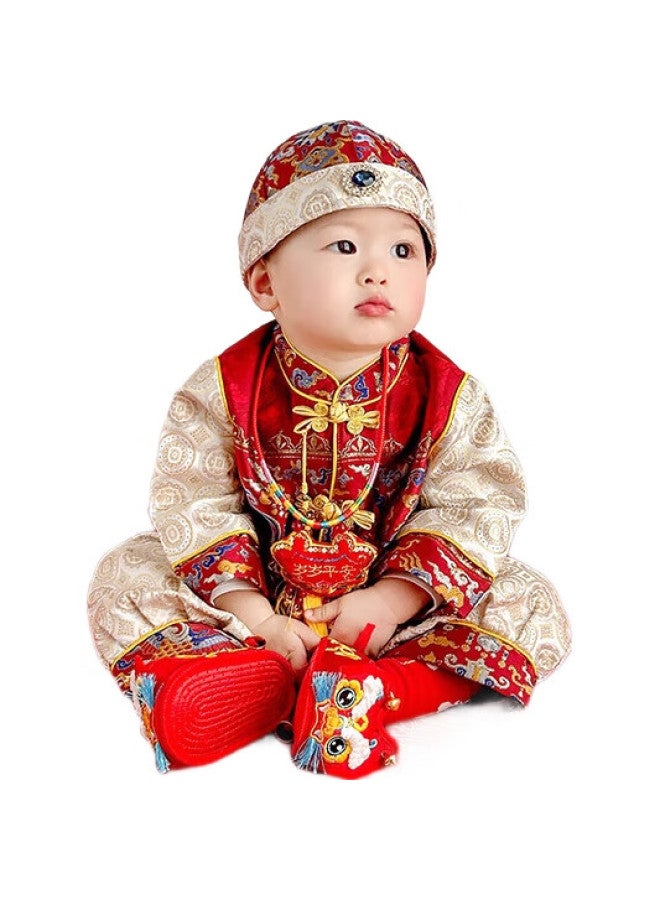 ROMON زي عيد الميلاد الأول، زي زواج للأطفال الأولاد والبنات، مئة يوم، قمر كامل، عيد ميلاد، بدلة تانغ، زي أداء جديد على الطراز الصيني، أحمر، L - Image 3