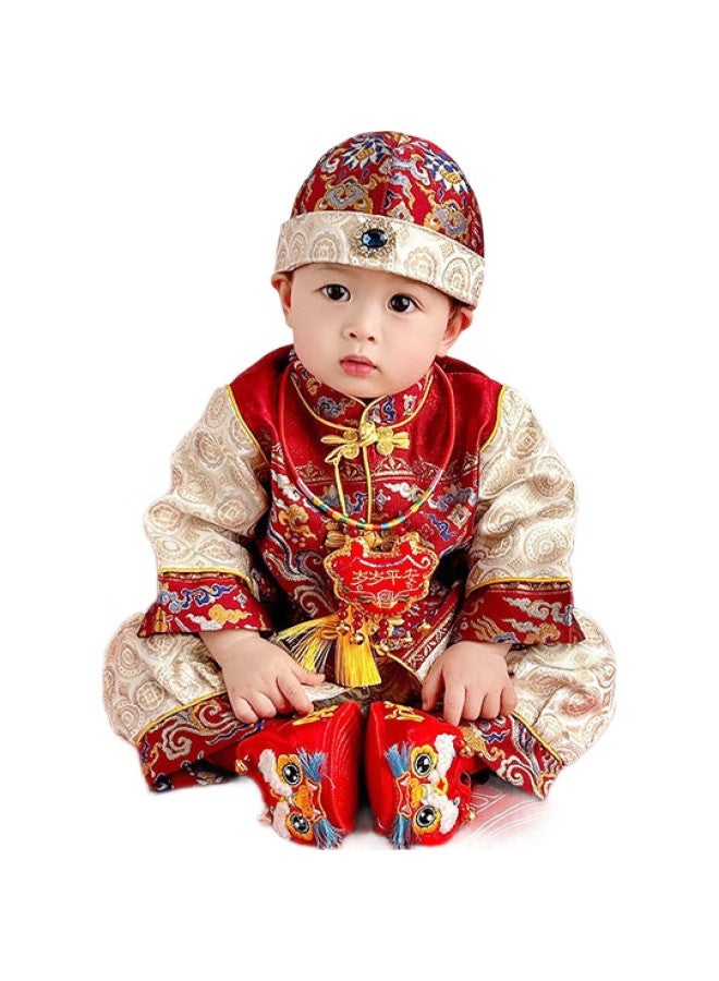 ROMON زي عيد الميلاد الأول، زي زواج للأطفال الأولاد والبنات، مئة يوم، قمر كامل، عيد ميلاد، بدلة تانغ، زي أداء جديد على الطراز الصيني، أحمر، L - Image 1