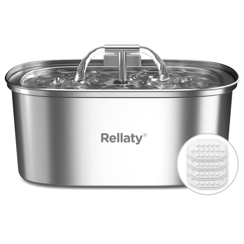 Rellaty Cat Water Fountain Stainless Steel: 3.2L/108oz Pet Fountain Water Bowl Dog Drinking Dispenser Cat Feeding & Watering Supplies Animal Metal Kitty Spout for Cats Inside with 4 Replacement Filters - Image 1