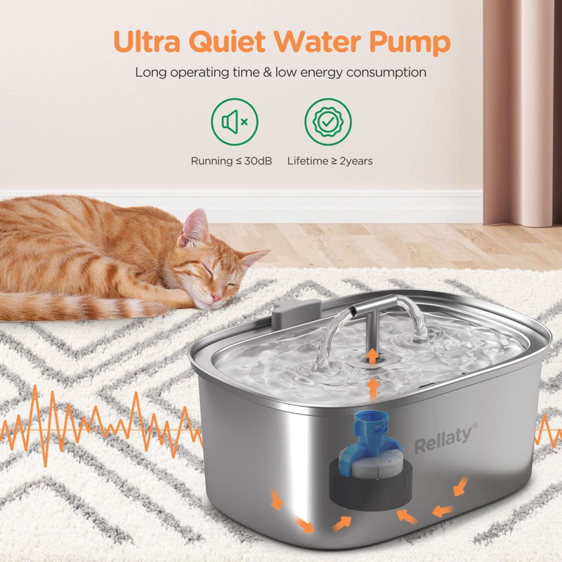 Rellaty Cat Water Fountain Stainless Steel: 3.2L/108oz Pet Fountain Water Bowl Dog Drinking Dispenser Cat Feeding & Watering Supplies Animal Metal Kitty Spout for Cats Inside with 4 Replacement Filters - Image 4