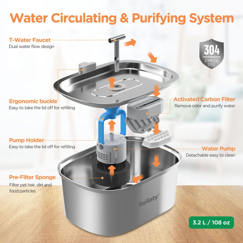 Rellaty Cat Water Fountain Stainless Steel: 3.2L/108oz Pet Fountain Water Bowl Dog Drinking Dispenser Cat Feeding & Watering Supplies Animal Metal Kitty Spout for Cats Inside with 4 Replacement Filters - Image 2
