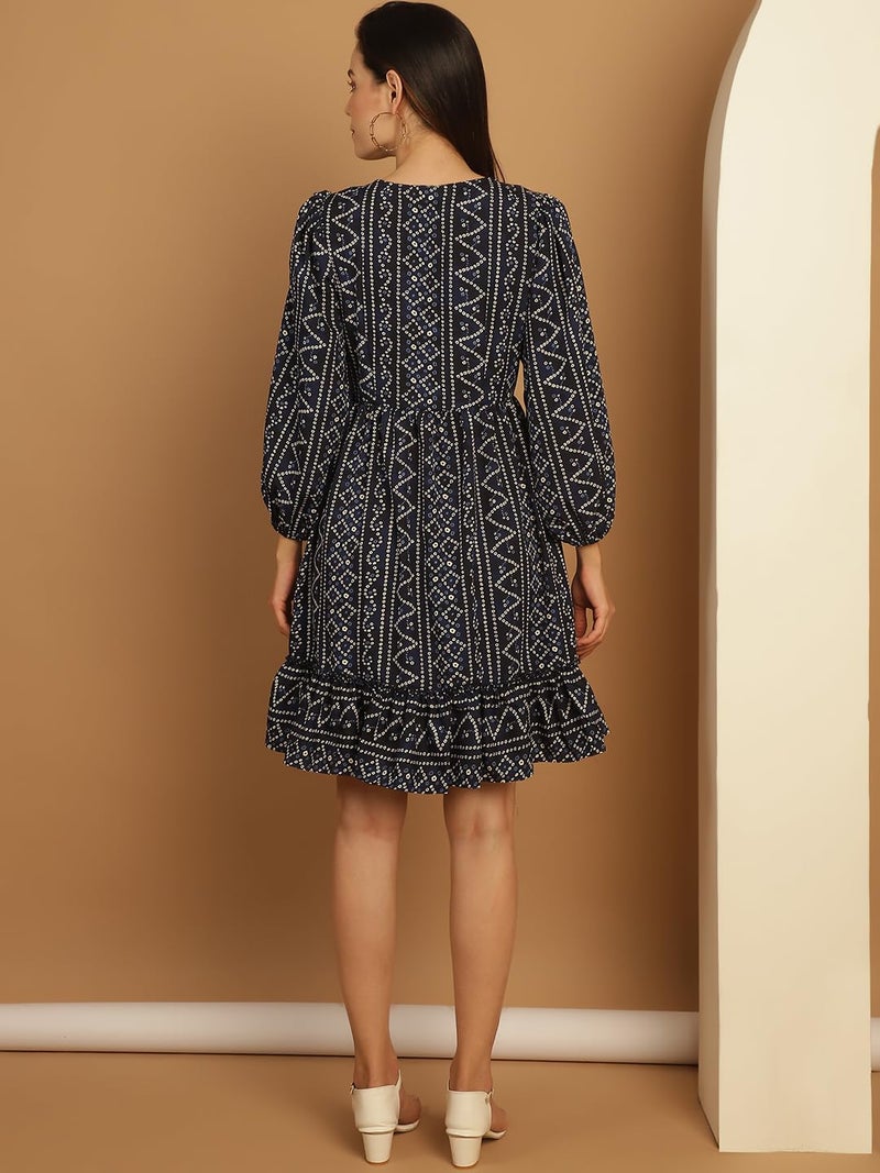 Indian Needle Women's Bandhani Printed Puff Sleeve A-Line Dress - Image 2