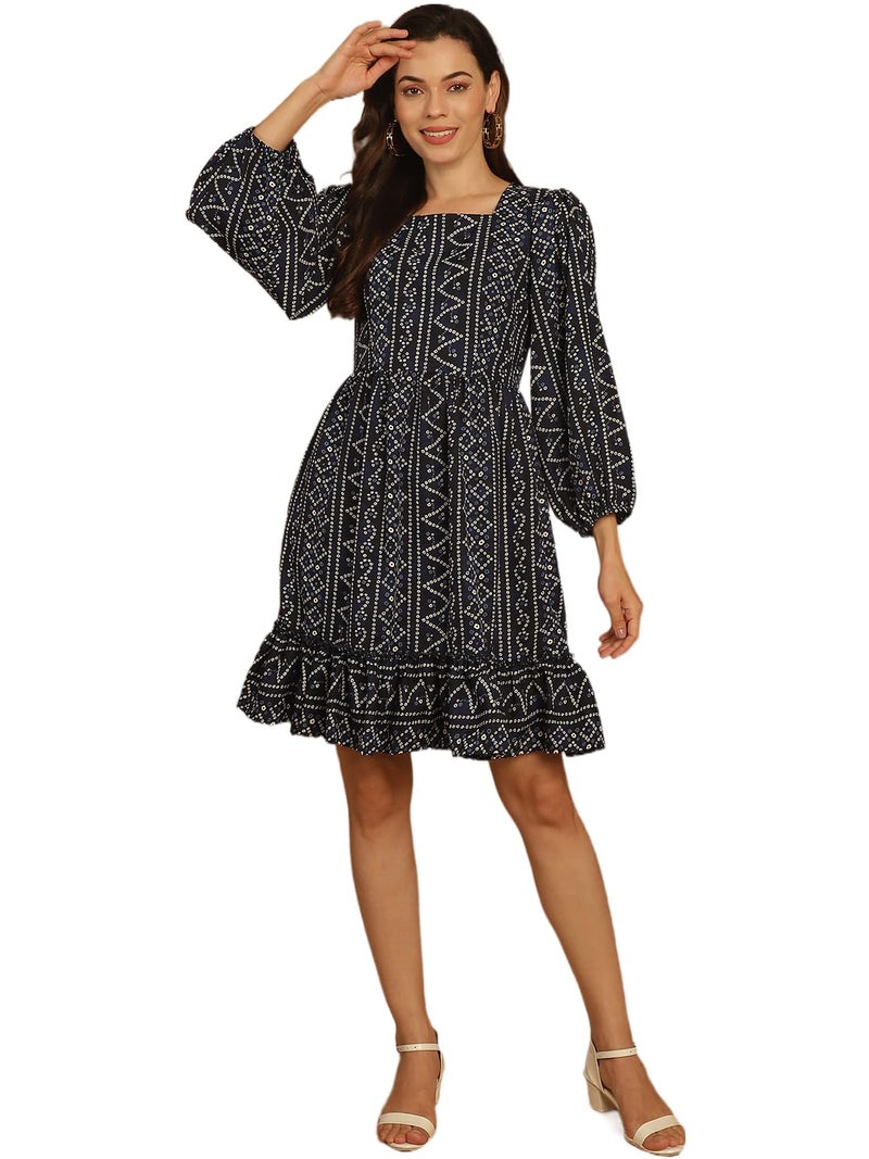 Indian Needle Women's Bandhani Printed Puff Sleeve A-Line Dress - Image 1