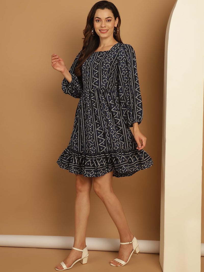 Indian Needle Women's Bandhani Printed Puff Sleeve A-Line Dress - Image 3
