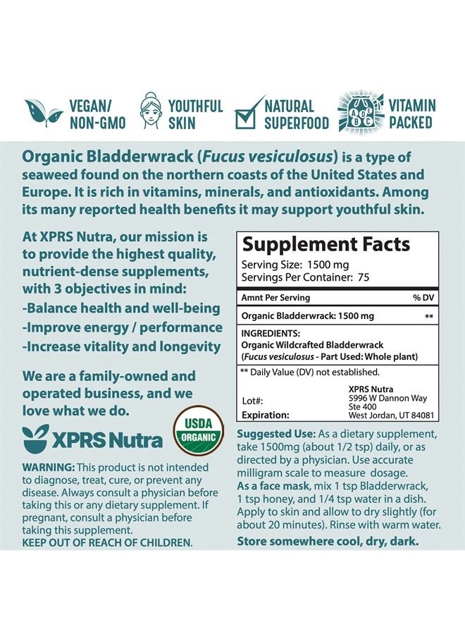Organic Bladderwrack Powder (Fucus Vesiculosus) - Premium Bladderwrack Organic Powder for Glowing Skin - Vegan Friendly Bladderwrack Herb Iodine Supplement (4 Ounce)