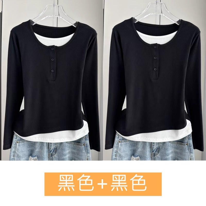 Fake Two-Piece Long-Sleeved T-Shirt for Women 2025 New Spring and Summer Thin Inner Layering Shirt Loose Outer Top Black + black two-piece