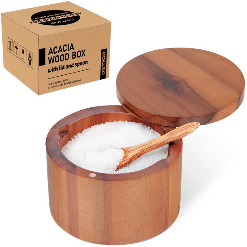 DEMIGO 9-ounce Salt Cellar with Spoon and Swivel Lid, Acacia Wood Salt & Spice Box, Salt Keeper, Wood Jar for Kitchen, Perfect for Storing Table Salt, Gourmet Salts, Herbs, or Your Favorite Seasonings - Image 1
