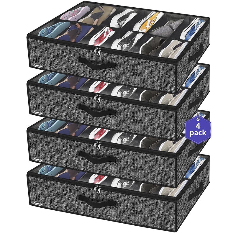 Onlyeasy Under Bed Shoe Storage Organizer For Closet, 4 Pack Fit 12x4 Pairs, Underbed Solution Shoes Container Bags with Sturdy Sidewall & Reinforced Handles, Breathable, Linen-like Black, MXAUBSB4P - Image 1