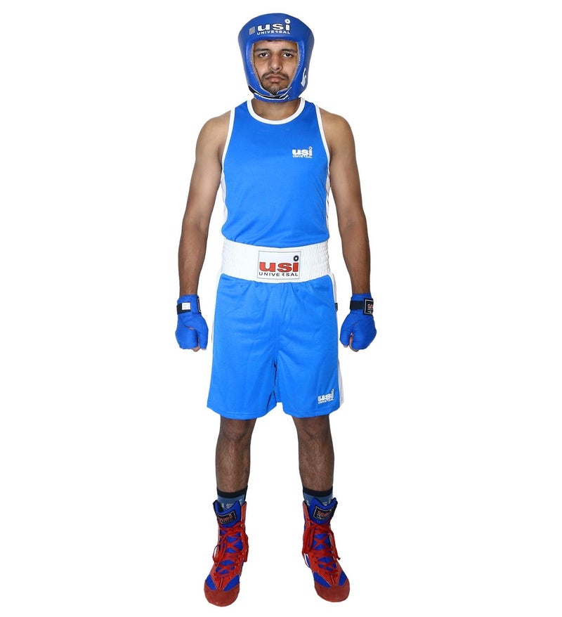 USI UNIVERSAL THE UNBEATABLE Polyester and Mesh Fabric Boxing Short and Vest (Blue, 40) - Image 1