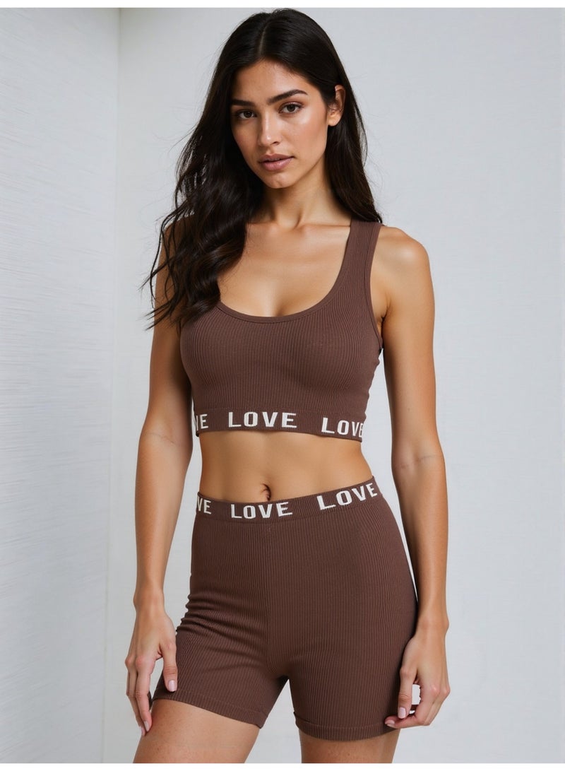 MHD Yoga Women's Brown Seamless Sports Bra And Shorts Set, Wire-Free, Lingerie Two Pieces Set Women 2 Pieces Set  - Image 1