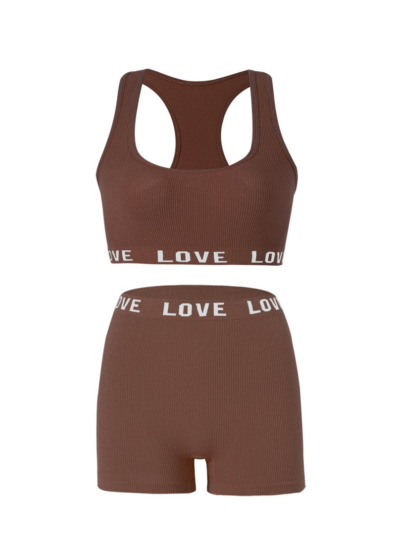 MHD Yoga Women's Brown Seamless Sports Bra And Shorts Set, Wire-Free, Lingerie Two Pieces Set Women 2 Pieces Set  - Image 2