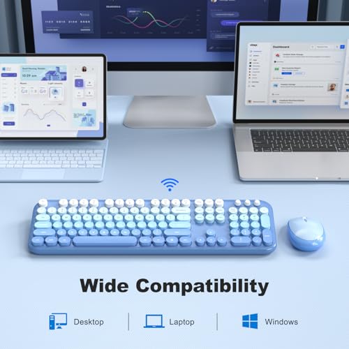 KNOWSQT Wireless Keyboard Mouse Combo - Lovely Blue-Gradient Rainbow Full-Sized Typewriter Colorful Keyboards, Round Keycap Plug Play Retro Cute Keyboards for Windows, Laptop, PC, Desktop, Computer - Image 4