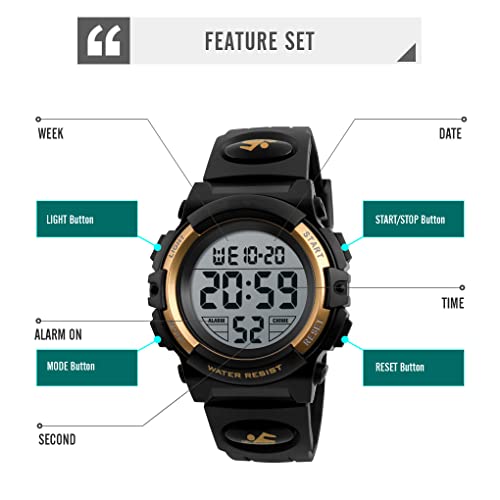 Dayllon Kids Digital Watch Boys Outdoor Sports 50M Waterproof Girls Watches Alarm Clock 12/24 H Stopwatch Calendar for Ages 3-15 Boy Girl Wristwatch Kids Gift,Gold X - Image 3