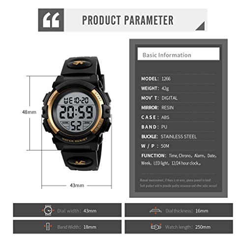 Dayllon Kids Digital Watch Boys Outdoor Sports 50M Waterproof Girls Watches Alarm Clock 12/24 H Stopwatch Calendar for Ages 3-15 Boy Girl Wristwatch Kids Gift,Gold X - Image 4