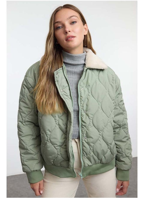 Light Khaki Regular Pattern Collar Plush Detailed Water Repellent Quilted Puffer Jacket TWOAW25MO00165