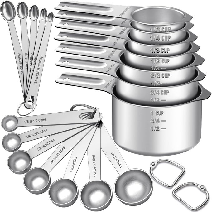 MEASURING CUPS AND SPOONS SET 7 STAINLESS STEEL NESTING MEASURING CUPS 7 SPOONS 5 MINI MEASURING SPOONS 2 DETACHABLE RINGS KITCHEN GADGETS FOR COOKING BAKING SET OF 21