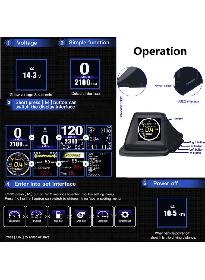 والالا شاشة عرض أمامية للسيارة HUD، مع نظام OBDII GPS مزدوج، مقياس سرعة OBD2، 8 أوضاع، شاشة لوحة القيادة متعددة الوظائف، مقياس ذكي، يمكن تركيب لوحة القيادة - Image 4